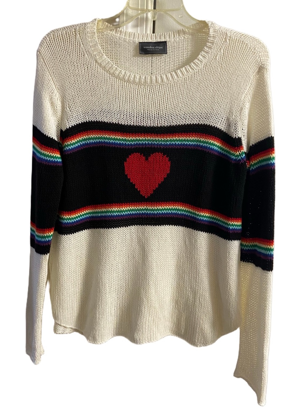 Anthropologie Wooden Ships Cream Stripe Heart Knit Long Sleeve Sweater Top S/M